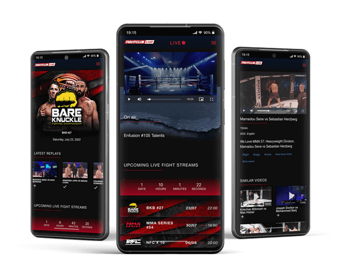 Fighterlive web-app platform mockup on mobile phone with screens live streaming and VOD examples